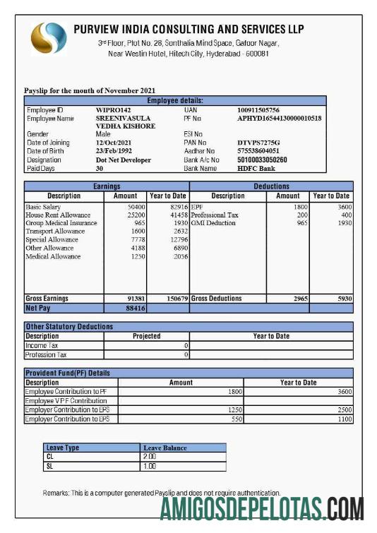 Realista Modelo de recibo de pagamento de consultoria e serviços da Purview India em formatos Word e PDF.pdf, 1